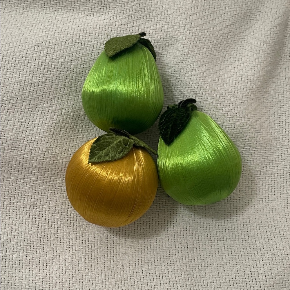 Vtg Unused Satin Velvet Gold Green Figural Pear Apple Christmas Ornaments Japan